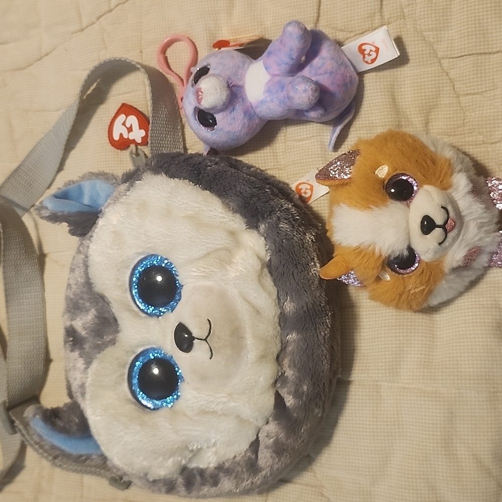 Ty Beanie Baby Plush Husky Bag with Purple and Brown Friends